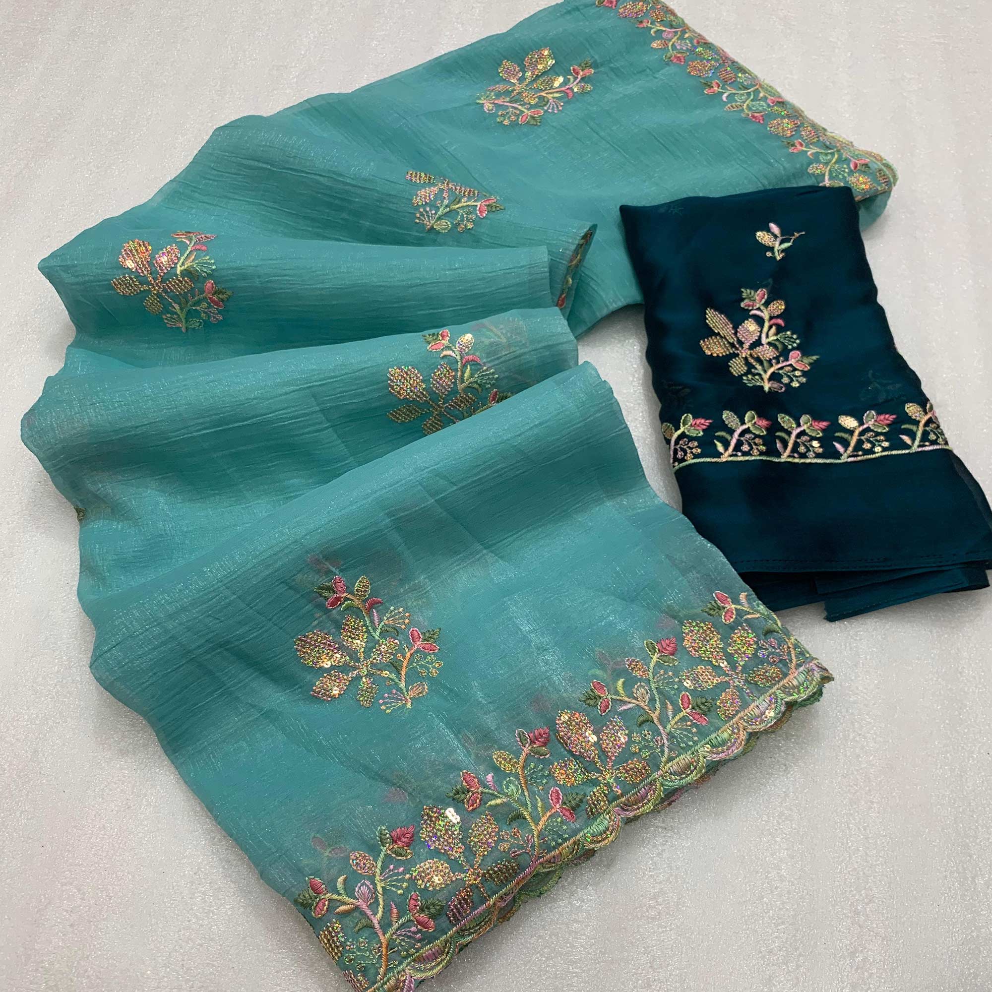 Turquoise Floral Embroidered Crunchy Chiffon Saree