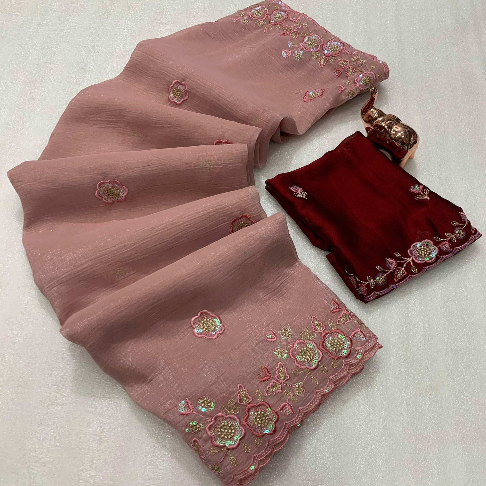 Dusty Peach Floral Sequins Embroidered Chiffon Saree