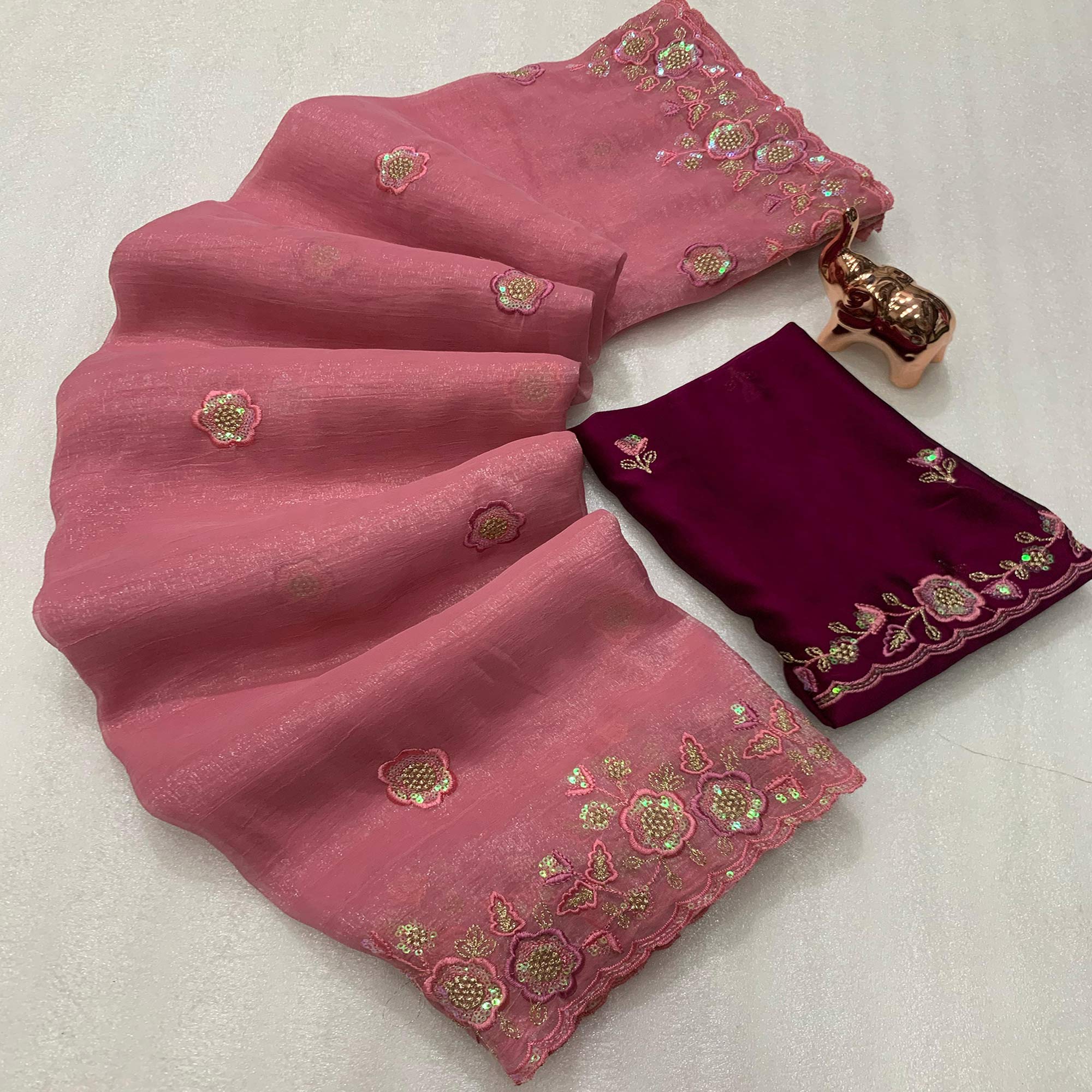 Gajari Pink Floral Sequins Embroidered Chiffon Saree