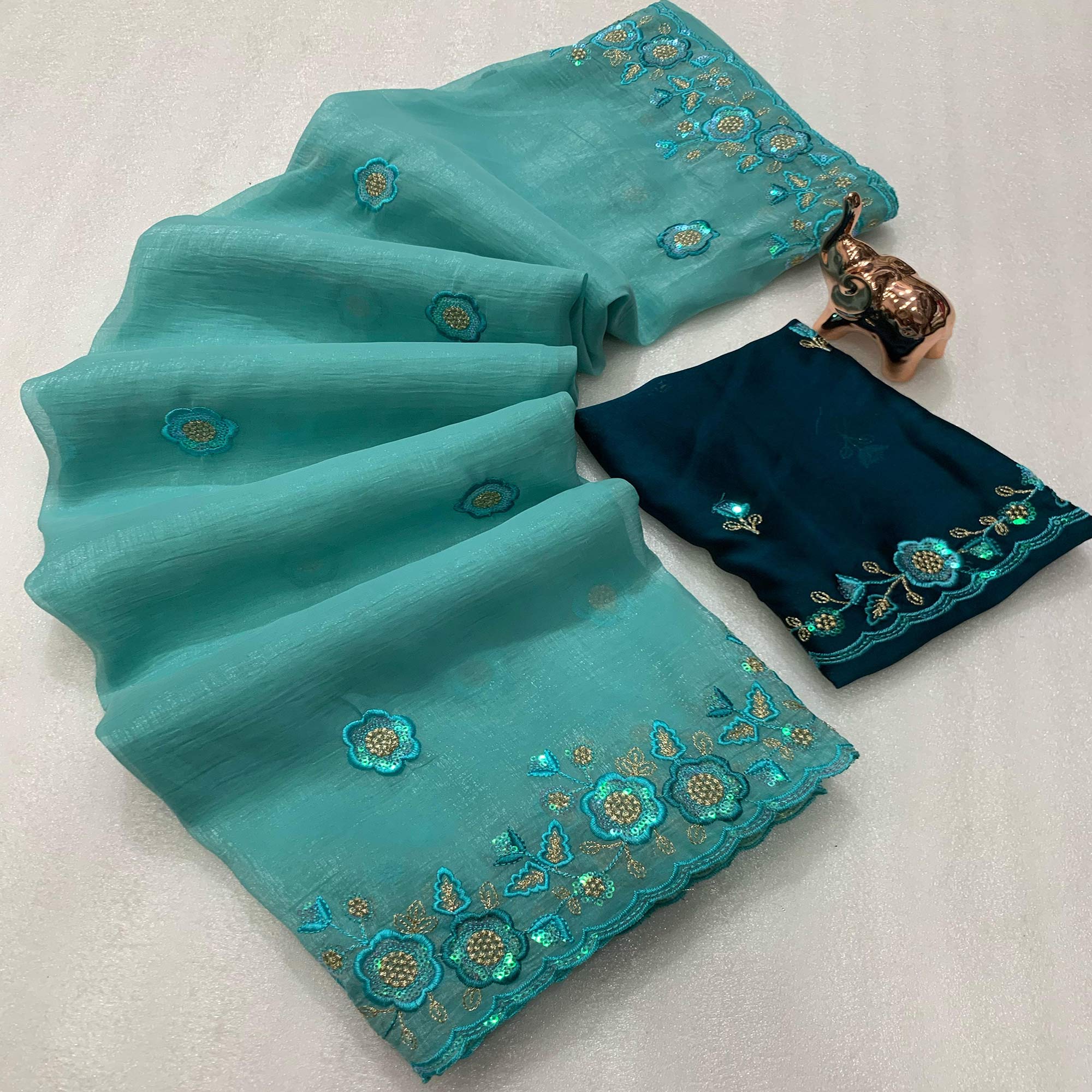Turquoise Floral Sequins Embroidered Chiffon Saree