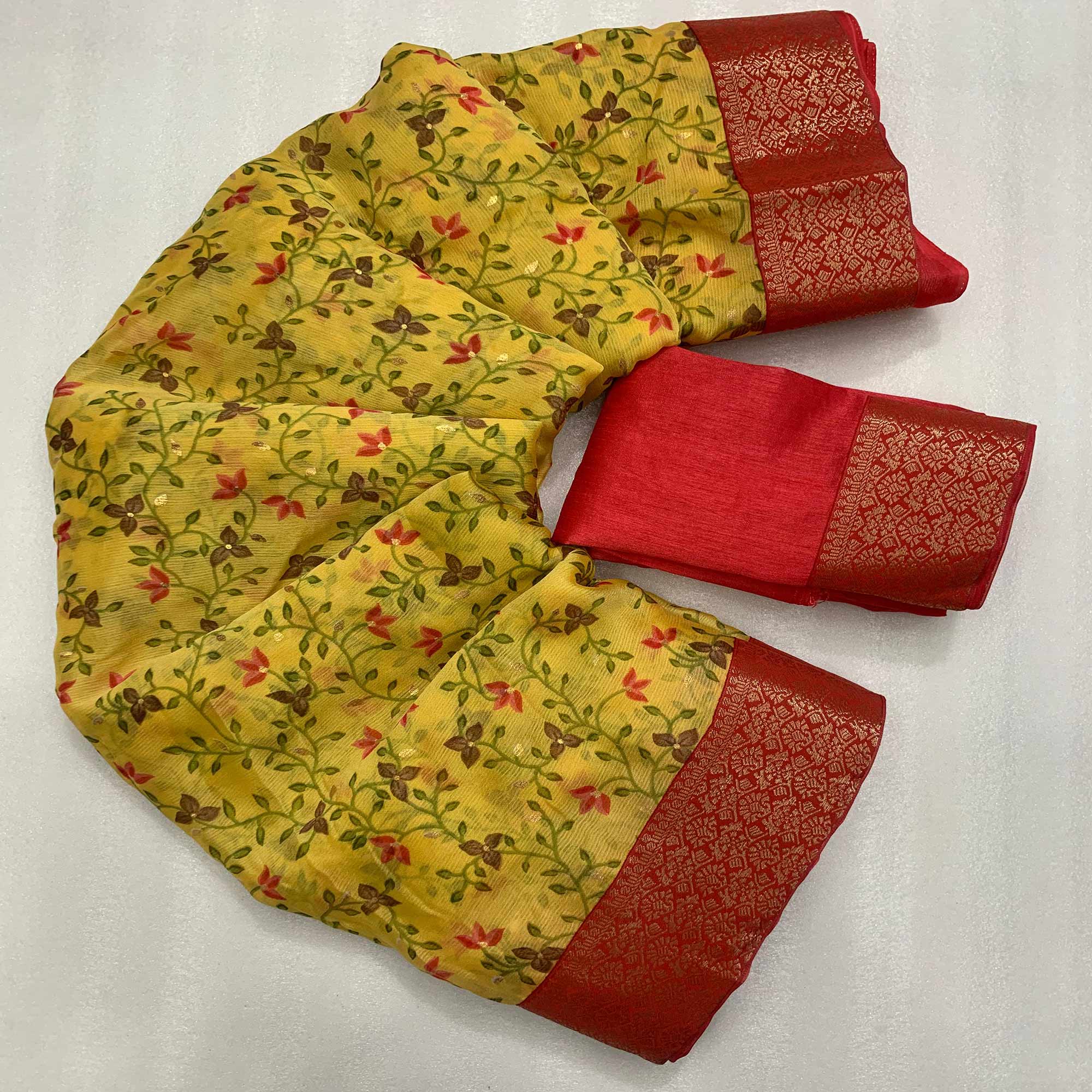 Yellow Floral Foil Printed Chiffon Saree