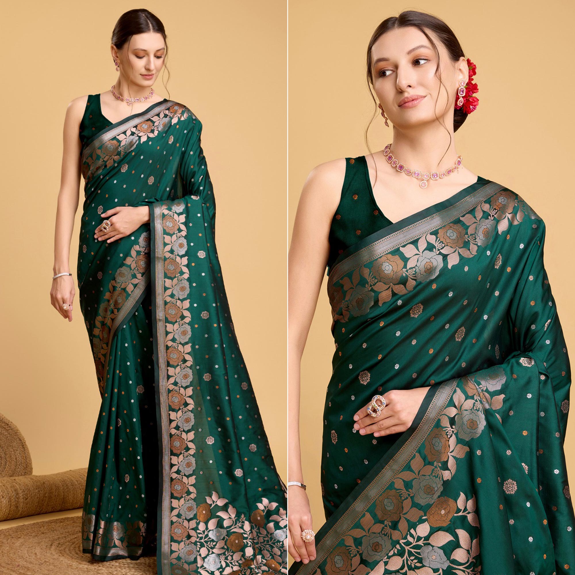 Green Floral Woven Banarasi Silk Saree