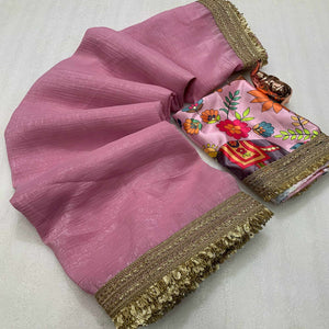 Onion Pink Solid Fancy Fabric Saree With Zari Sequins Lace Border