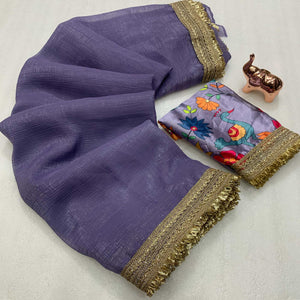 Pastel Purple Solid Fancy Fabric Saree With Zari Sequins Lace Border