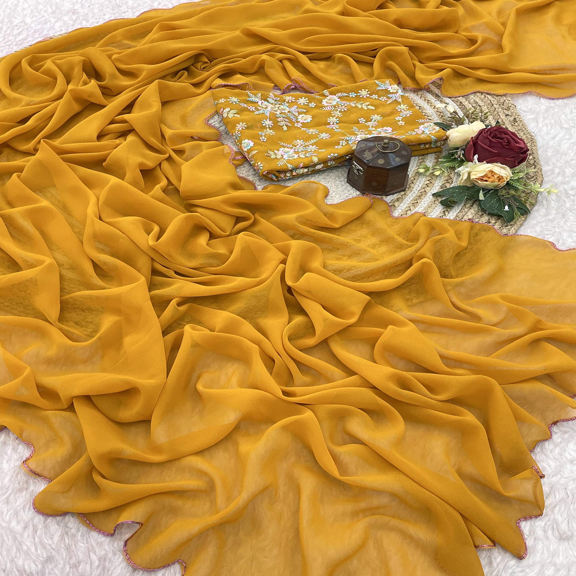 Mustard Solid Georgette Saree