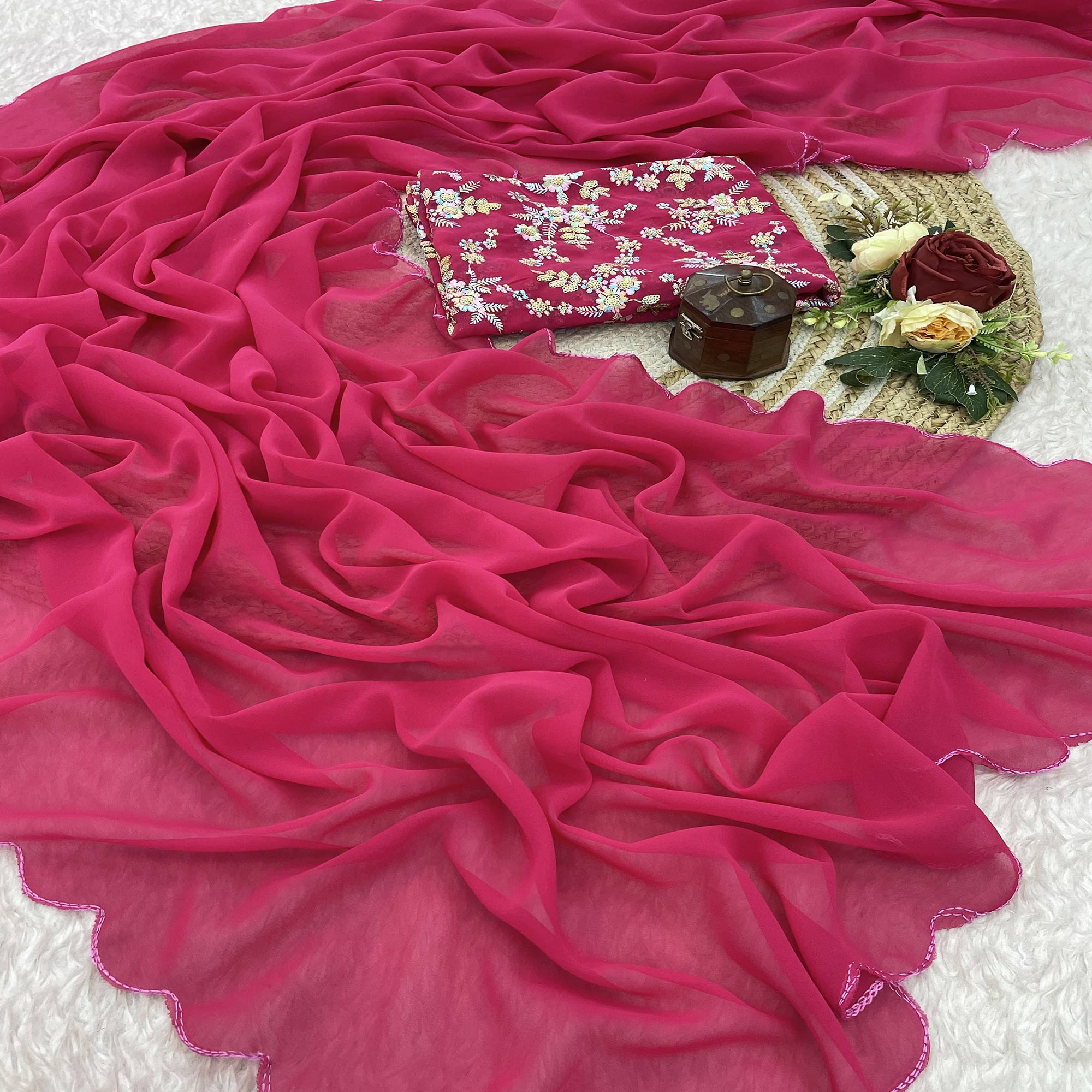 Pink Solid Georgette Saree