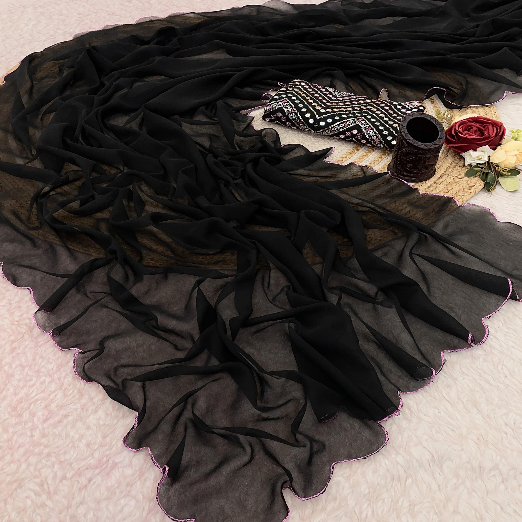 Black Solid Georgette Saree