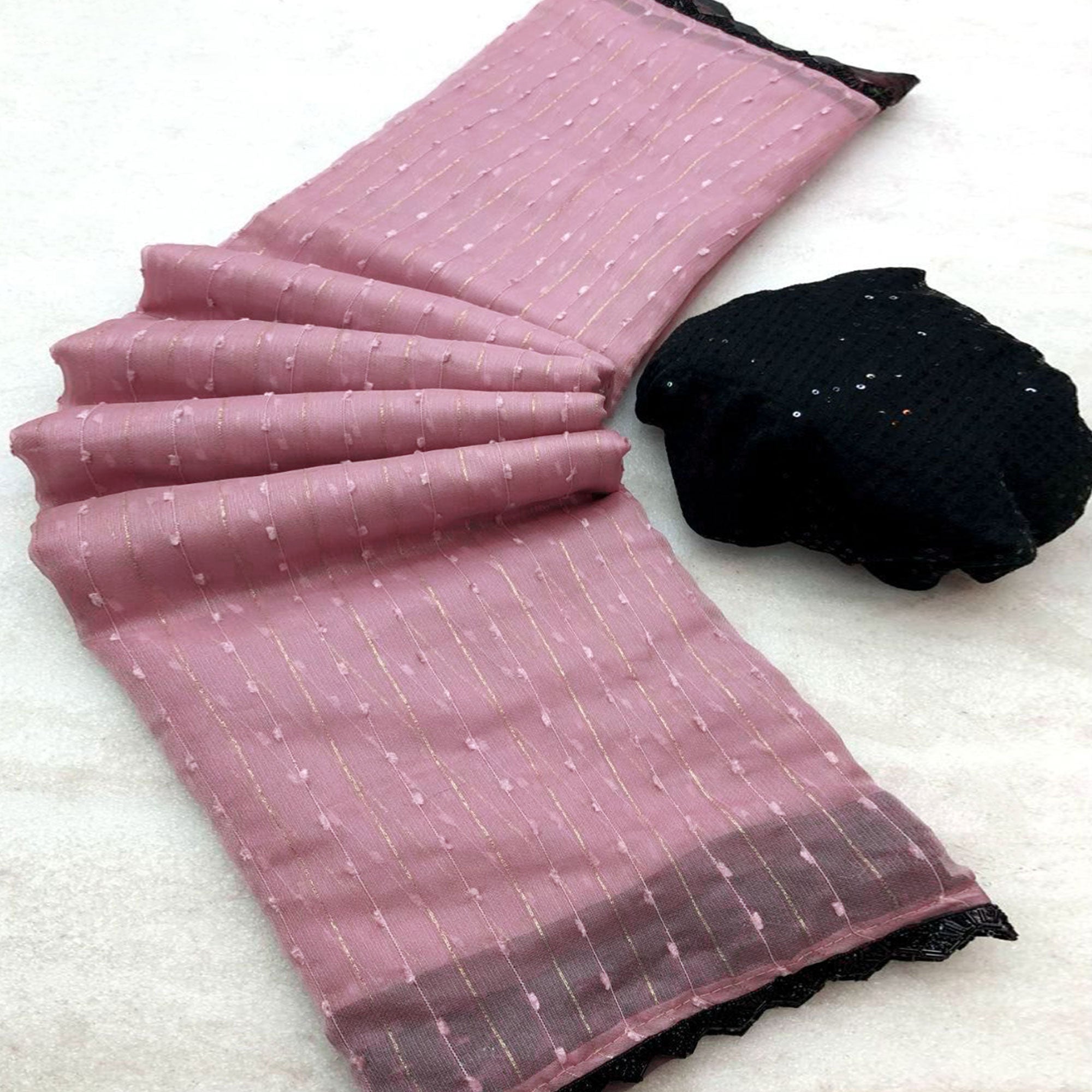 Dusty Pink Woven Organza Saree With Beads Work Border