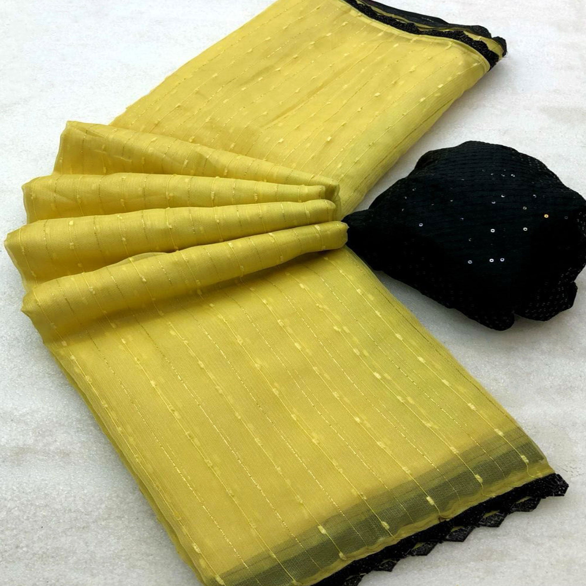 Yellow Woven Organza Saree With Beads Work Border