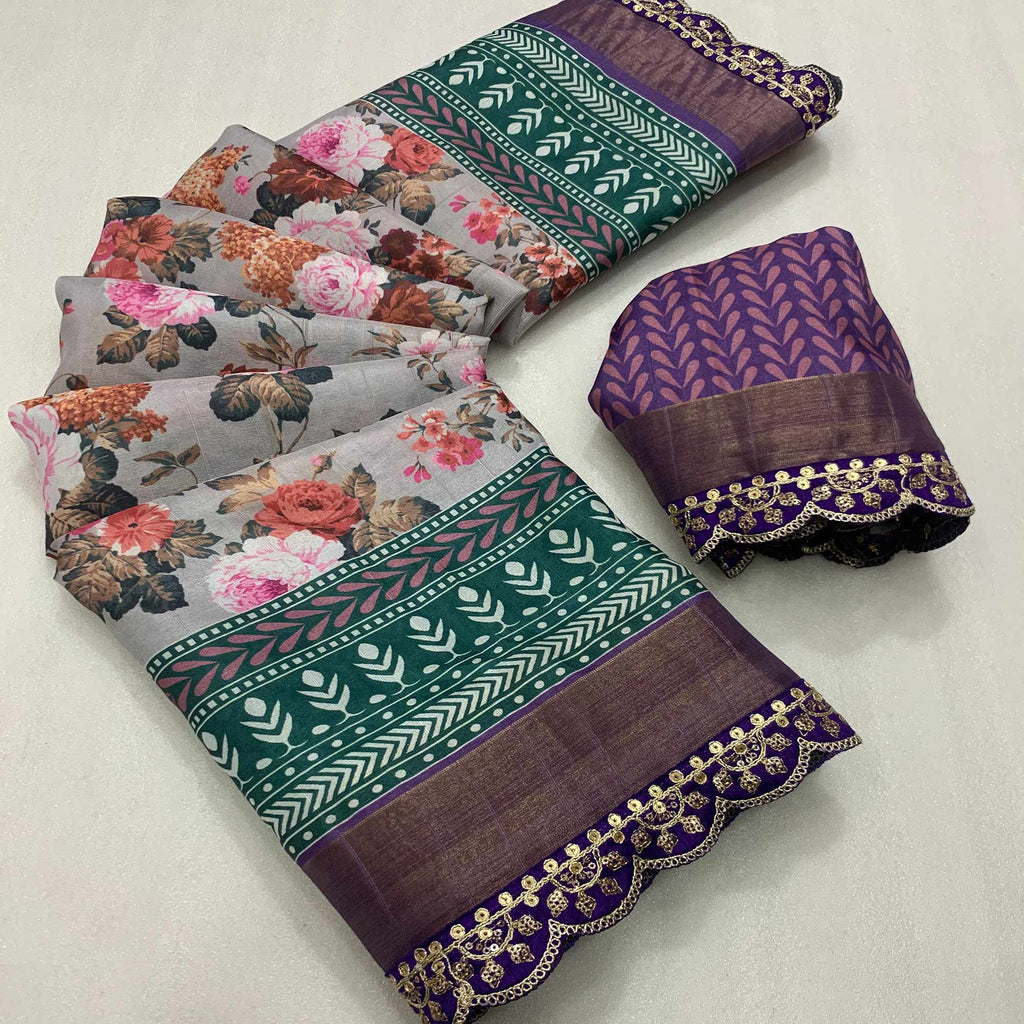Taupe Grey Printed Silk Saree main image 1