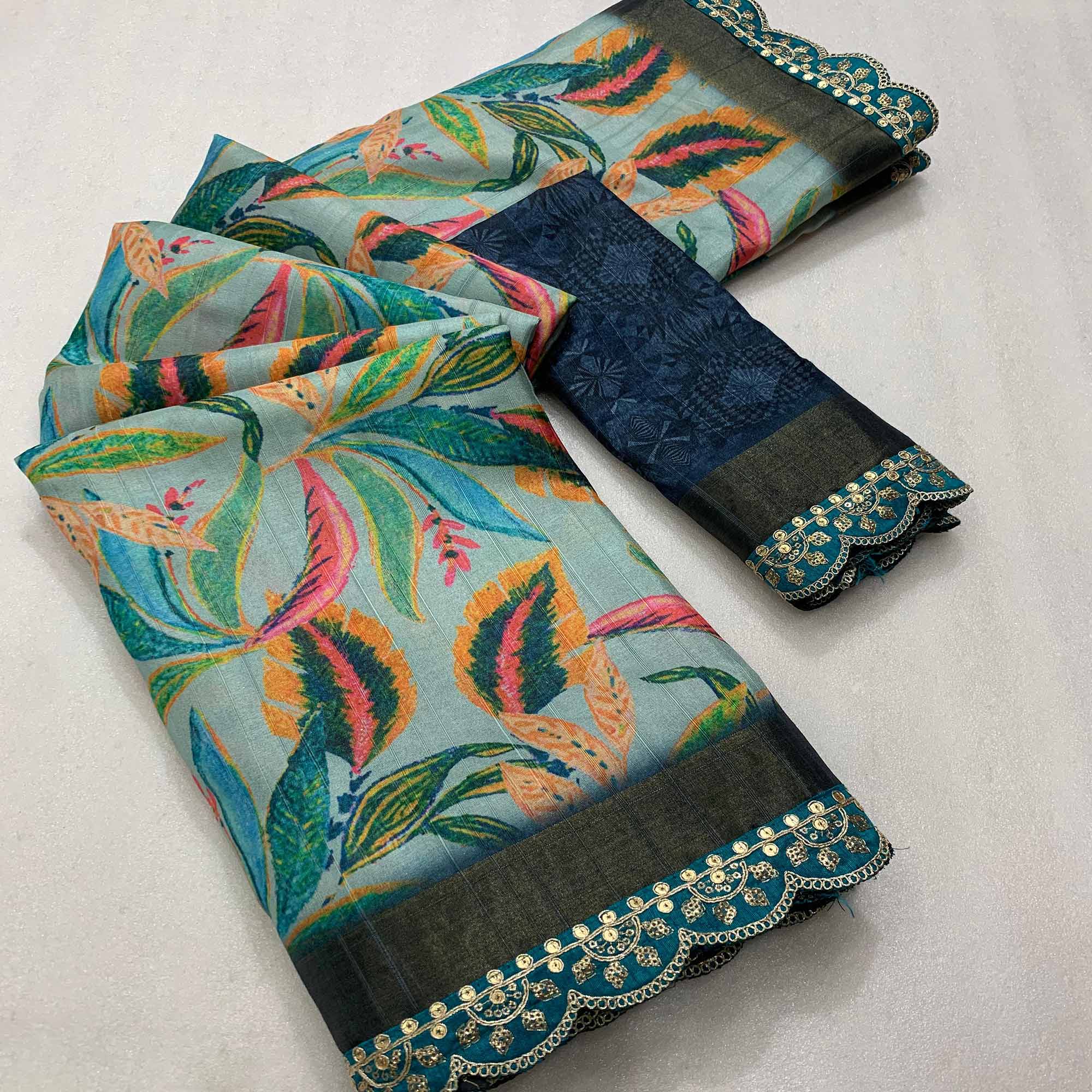 Sky Blue Floral Digital Printed Tussar Silk Saree With Sequins Embroidered Border