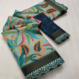 Sky Blue Floral Digital Printed Tussar Silk Saree With Sequins Embroidered Border