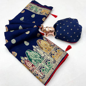 Blue Luxury Pure Silk Saree Crafted With Floral Meenakari Foil Print & Trendy Tassel Pallu