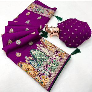 Dark Magenta Luxury Pure Silk Saree Crafted With Floral Meenakari Foil Print & Trendy Tassel Pallu