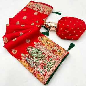 Red Luxury Pure Silk Saree Crafted With Floral Meenakari Foil Print & Trendy Tassel Pallu