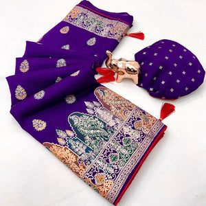 Royal Purple Luxury Pure Silk Saree Crafted With Floral Meenakari Foil Print & Trendy Tassel Pallu