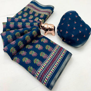 Blue Floral Printed Cotton Blend Saree With Zari Weaving Border