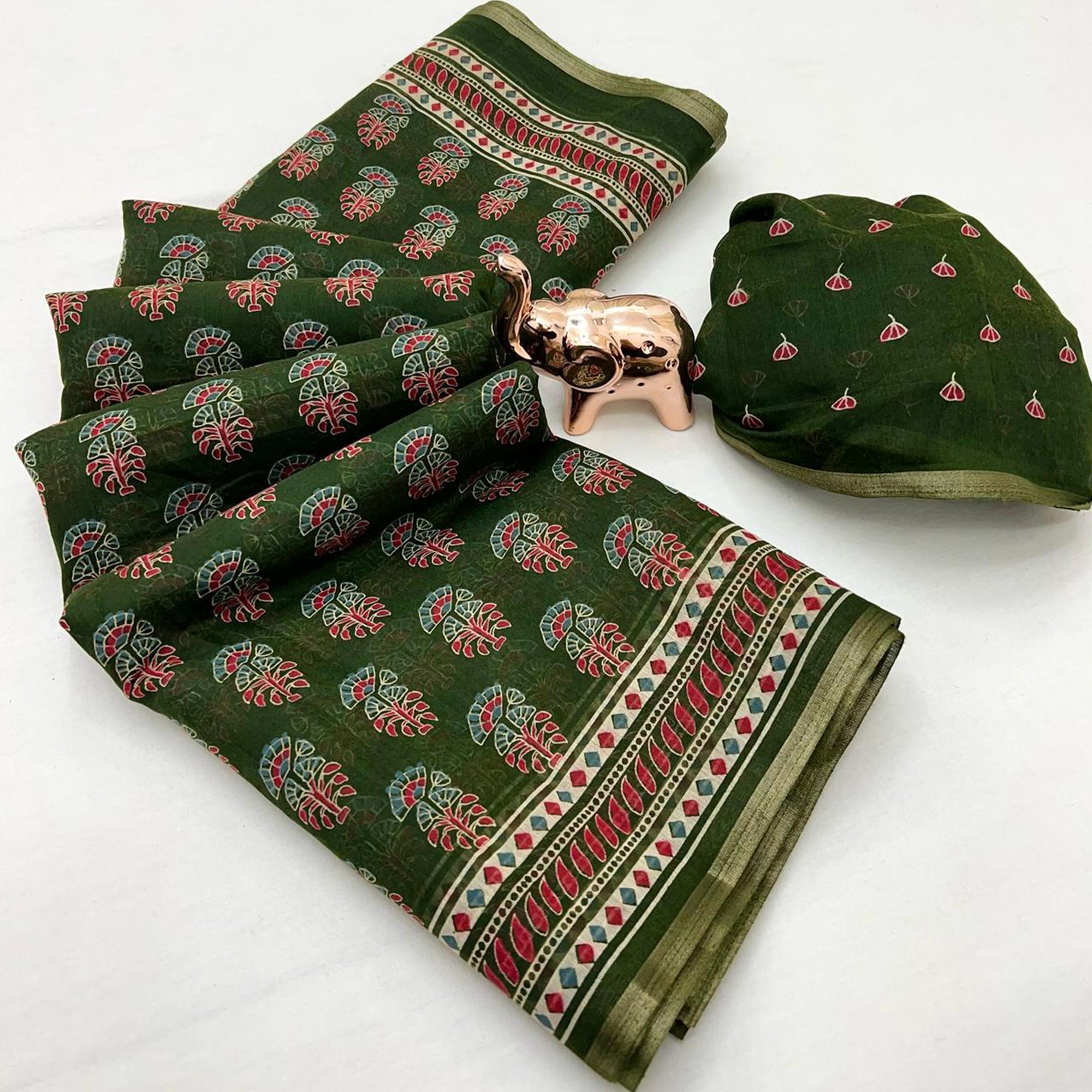 Green Floral Printed Cotton Blend Saree With Zari Weaving Border