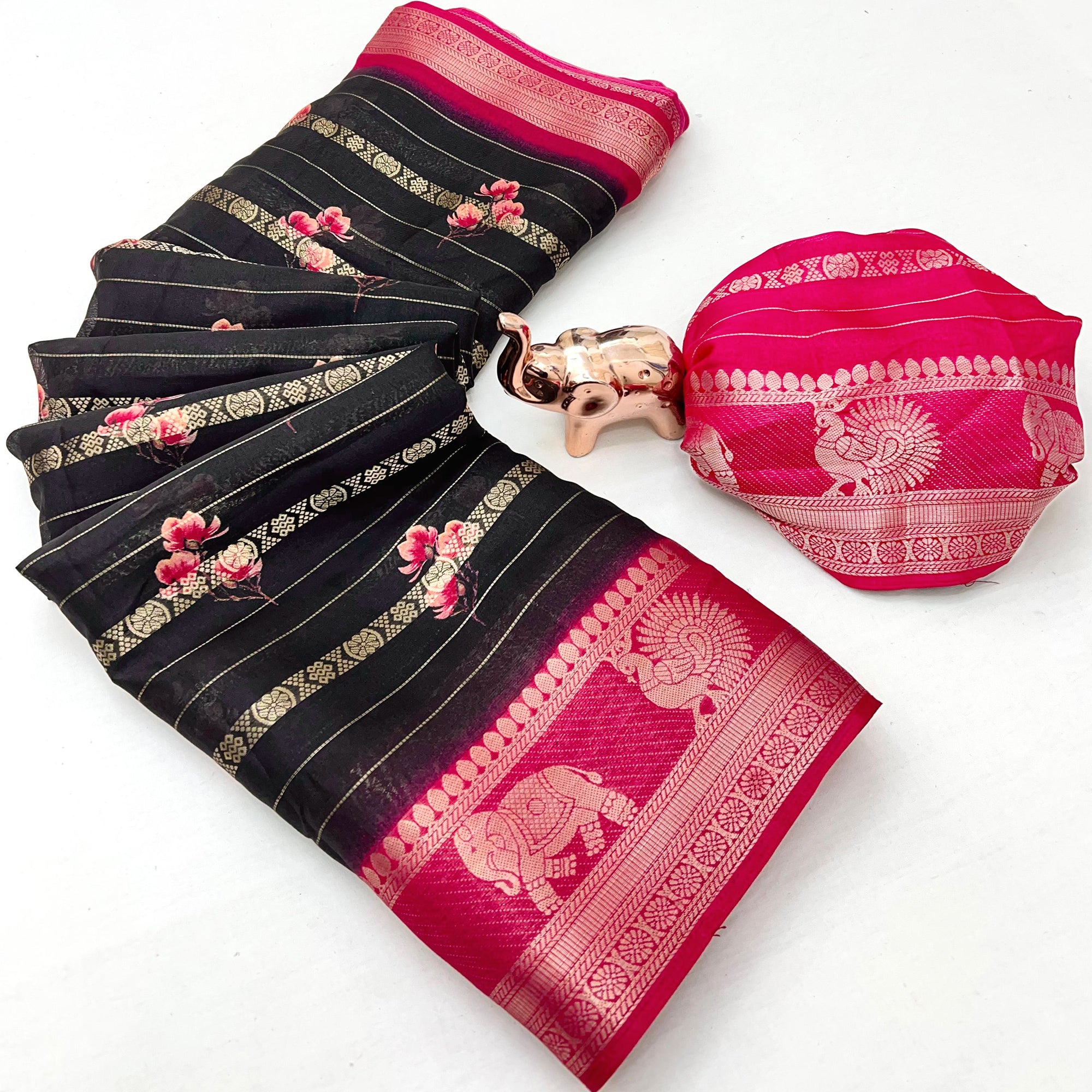 Black Floral Weaving Mysore Silk Saree With Peacock Printed Pallu & Two Tone Padding Border