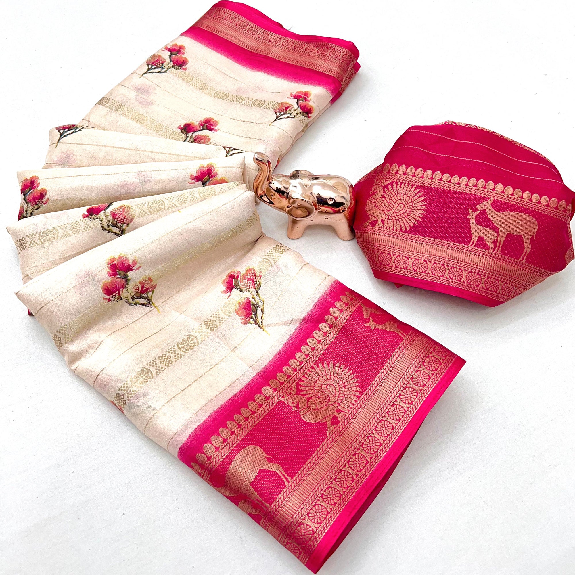 Offwhite Floral Weaving Mysore Silk Saree With Peacock Printed Pallu & Two Tone Padding Border