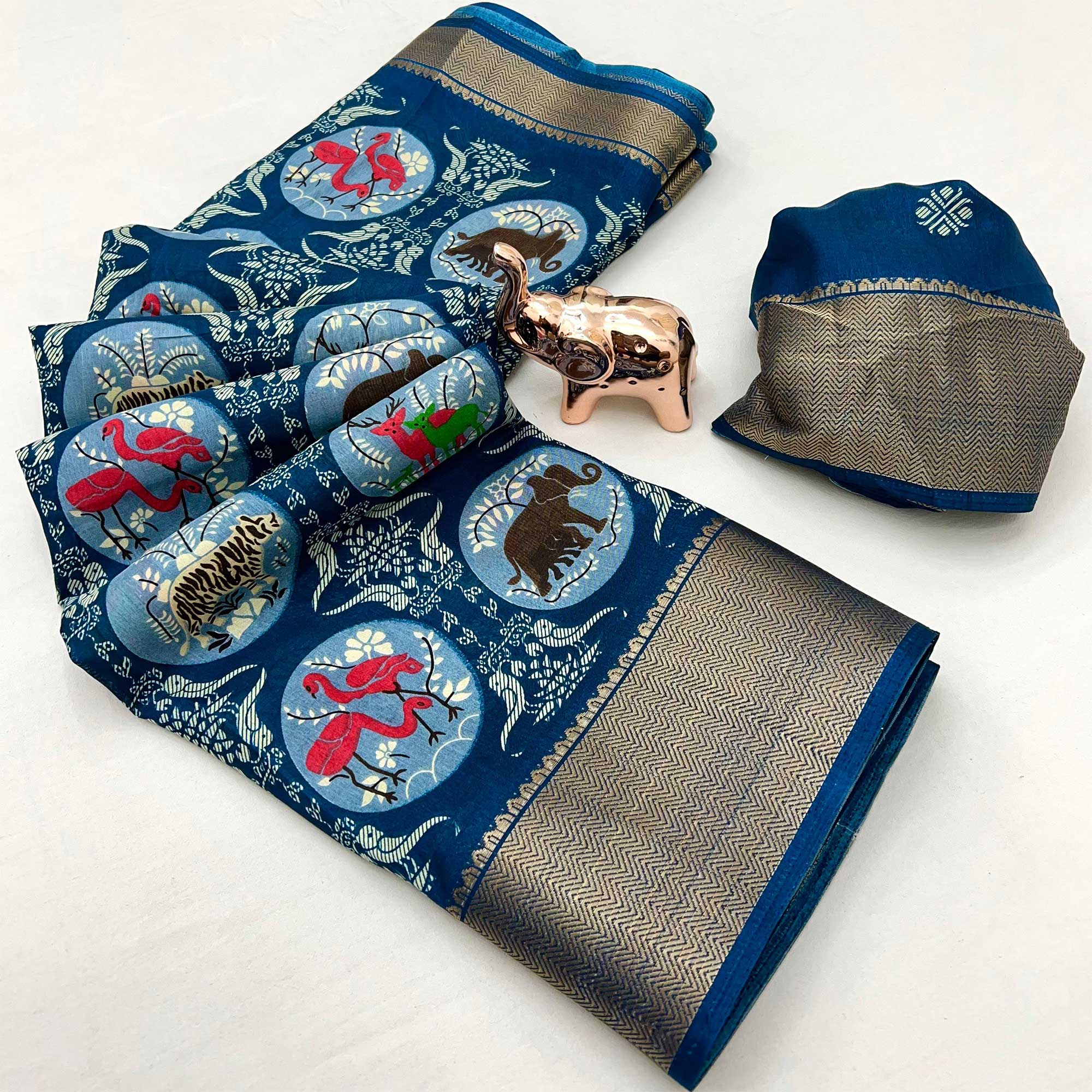 Blue Printed Dola Silk Saree With Zari Woven Border