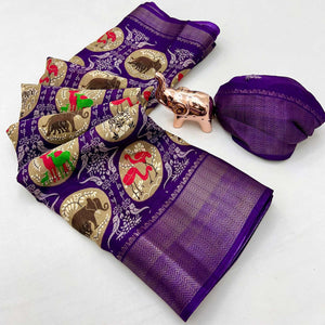 Dark Purple Printed Dola Silk Saree With Zari Woven Border