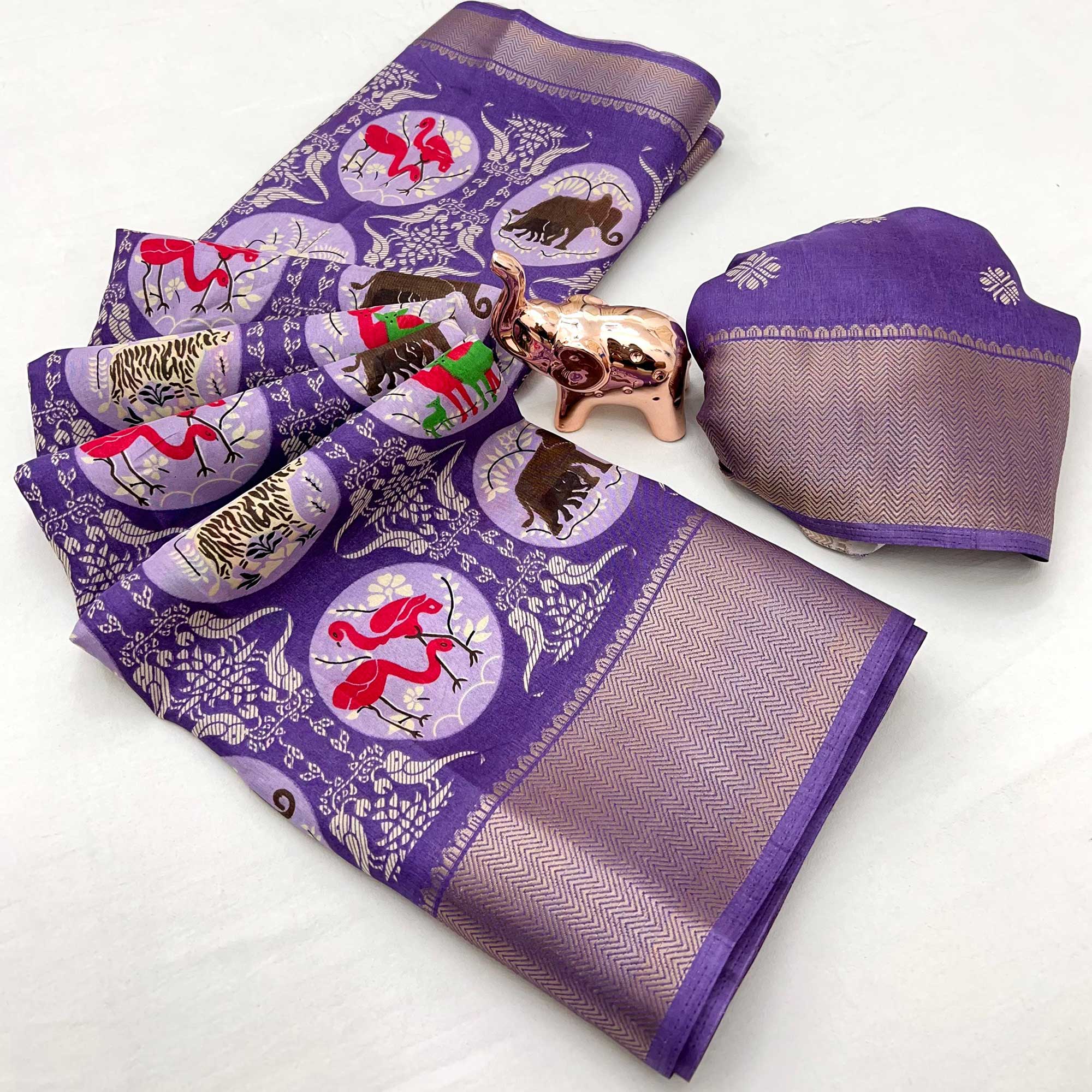 Purple Printed Dola Silk Saree With Zari Woven Border