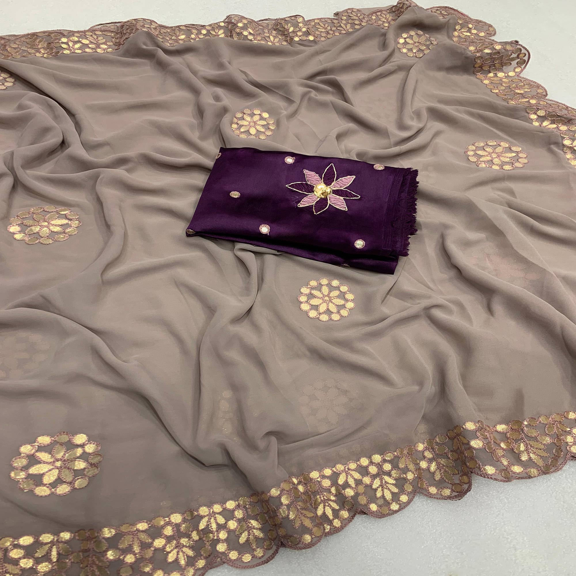 Grey Embroidered Georgette Saree With Gota Patti Work