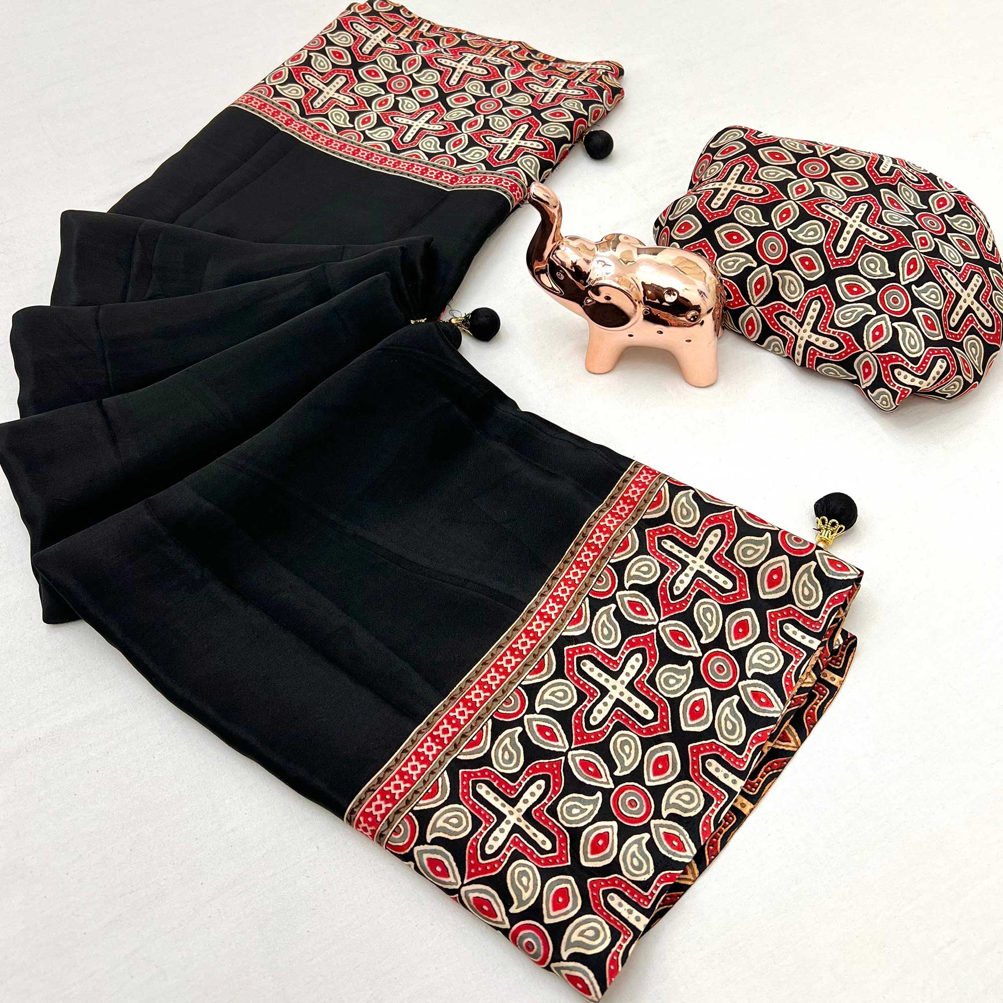 Black Saree in Satin Fabric with Authentic Ajrakh Patterns