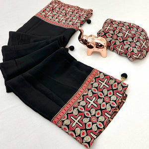 Black Saree in Satin Fabric with Authentic Ajrakh Patterns