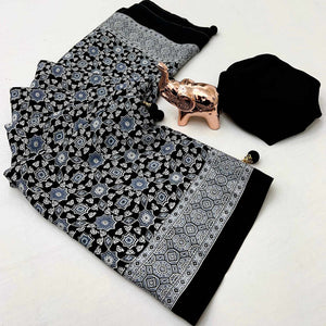 Black Saree in Satin Fabric with Authentic Ajrakh Patterns