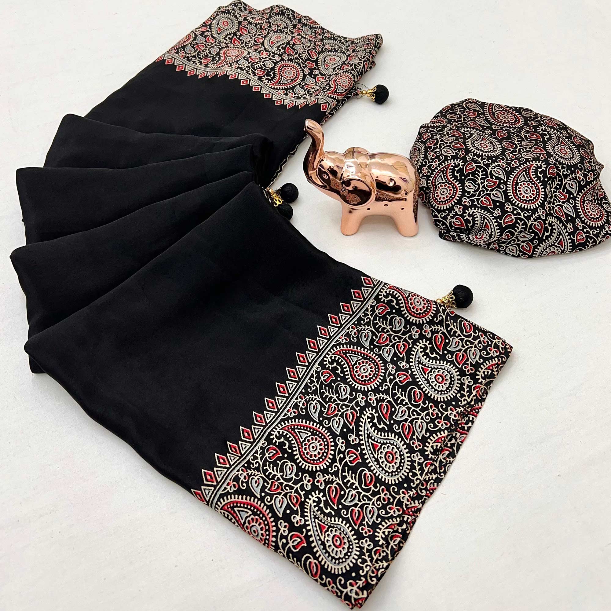 Black Saree in Satin Fabric with Authentic Ajrakh Patterns