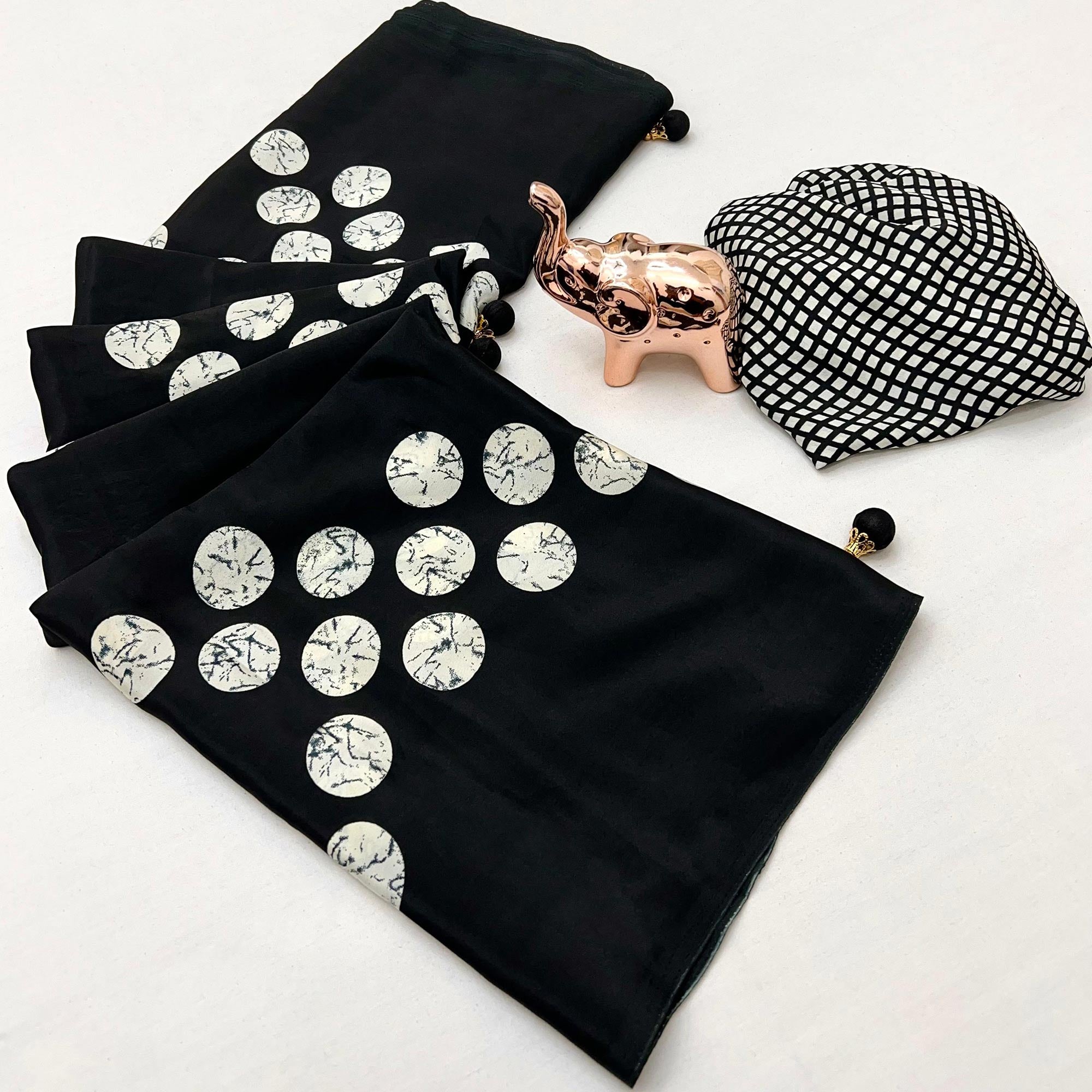 Black Saree in Satin Fabric with Modern Geometric Patterns