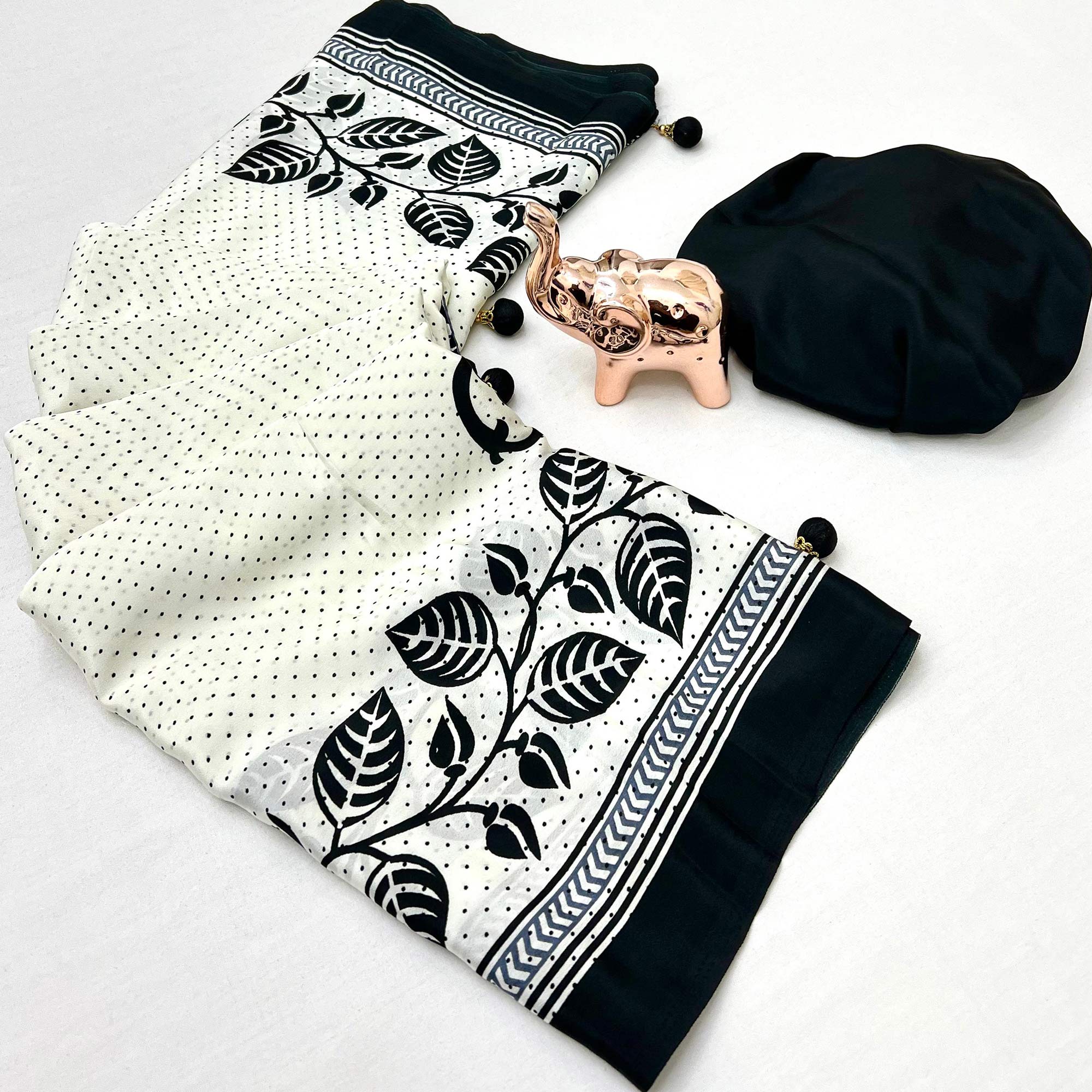 White Saree in Satin Fabric with Modern Floral Patterns