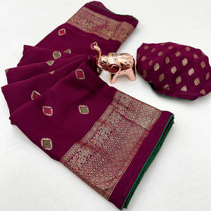 Wine Viscose Saree with Foil Geometric Prints