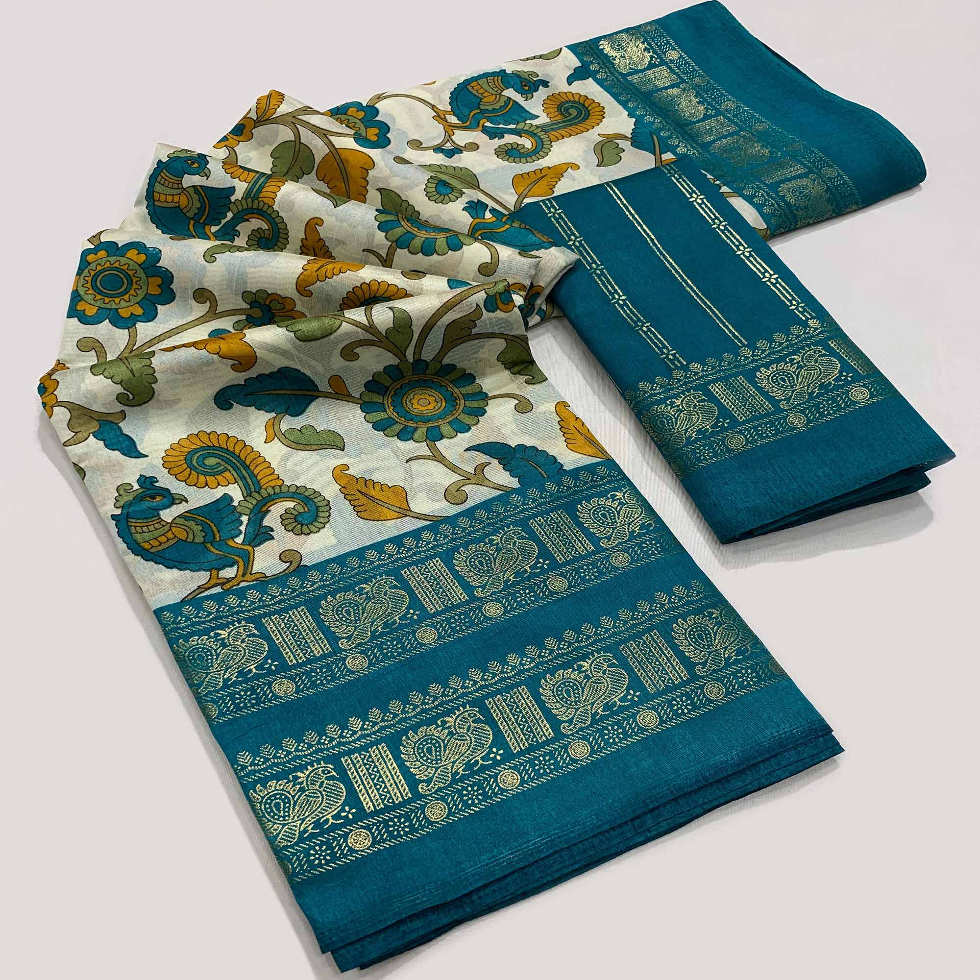Rama Blue Floral Printed Dola Silk Saree