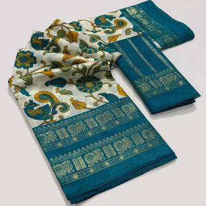 Rama Blue Floral Printed Dola Silk Saree