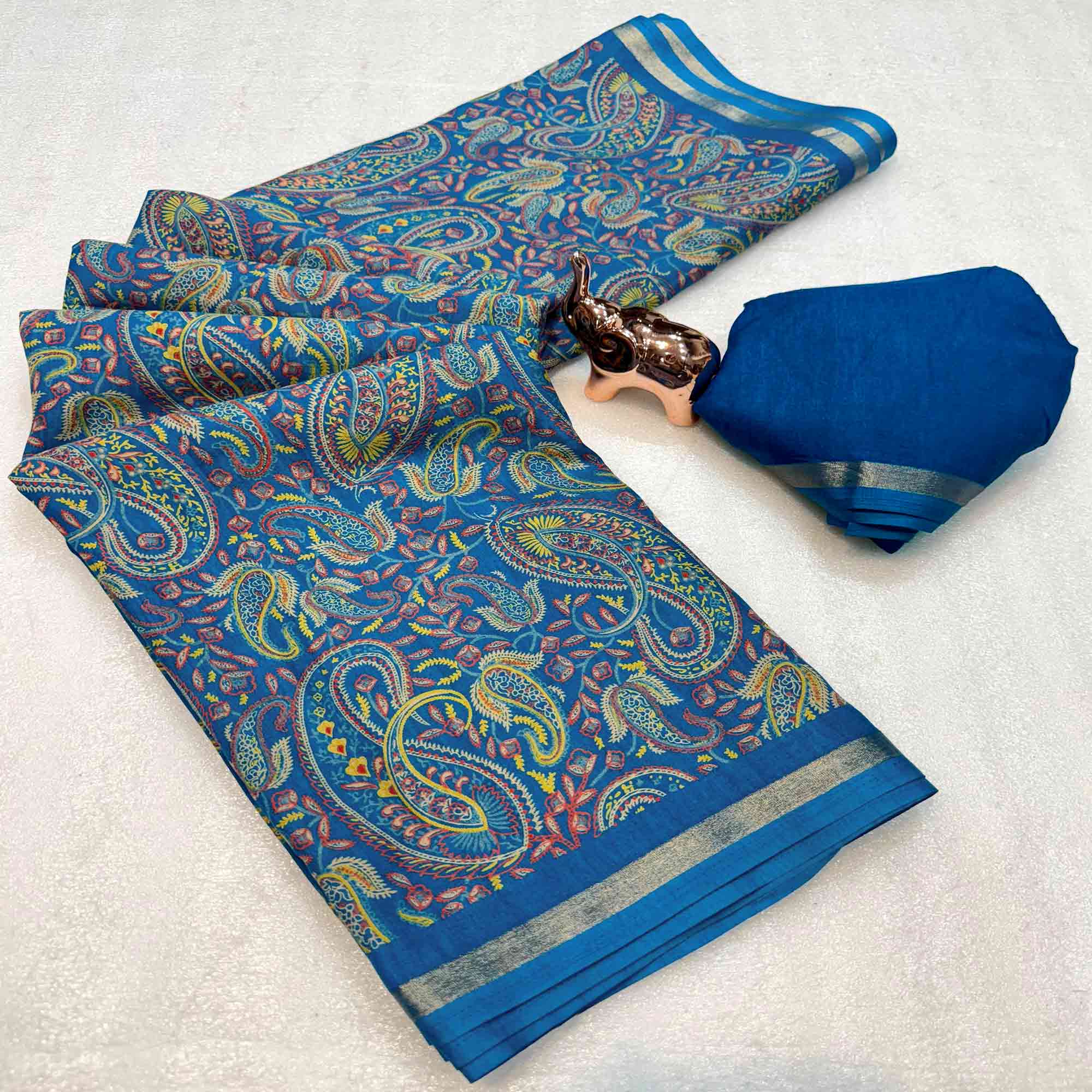 Classic Blue Tussar Silk Blend Saree Adorned With Elegant Paisley & Floral Kashmiri Prints