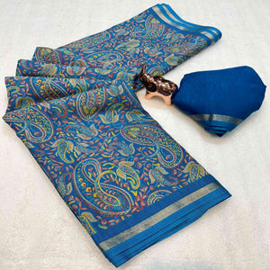 Classic Blue Tussar Silk Blend Saree Adorned With Elegant Paisley & Floral Kashmiri Prints