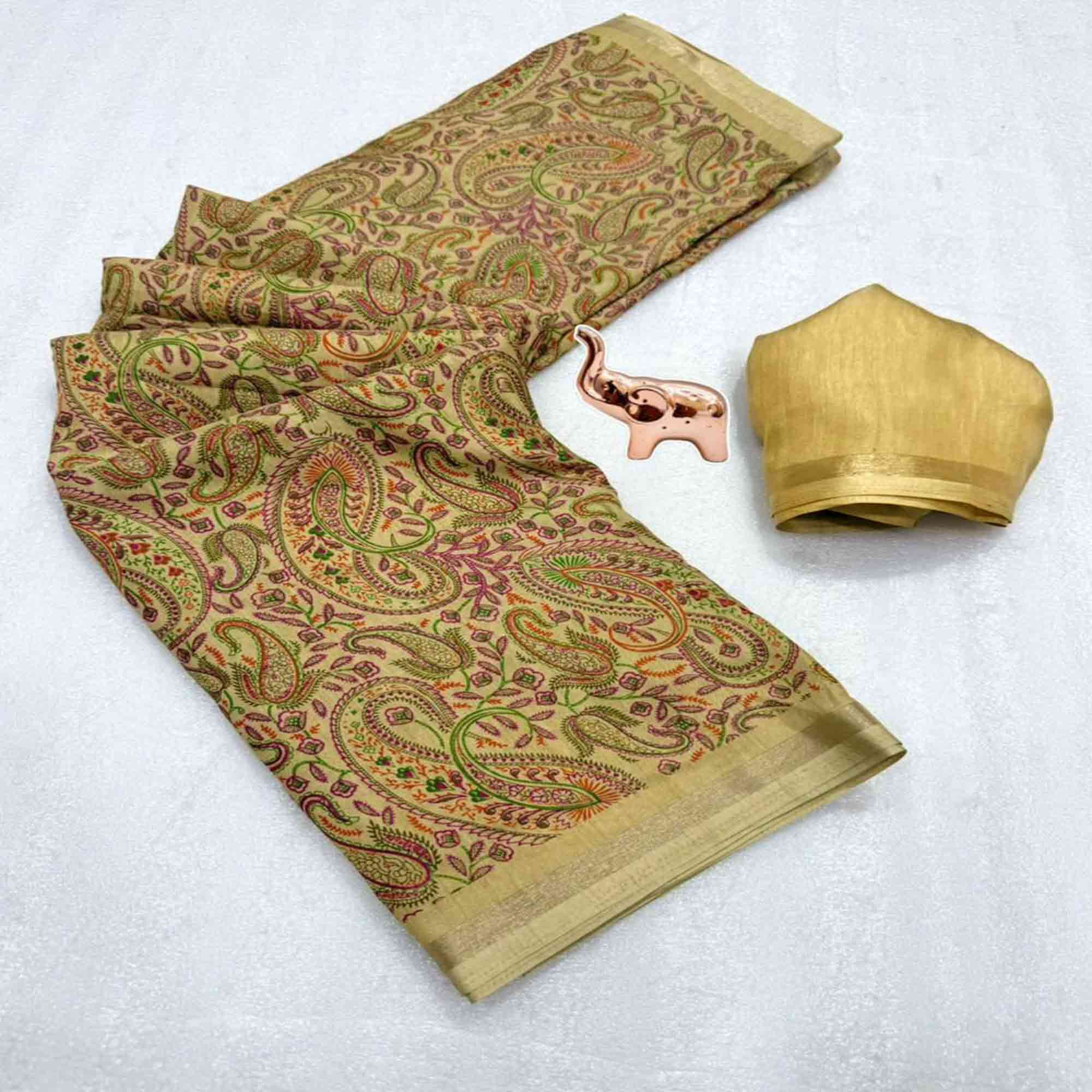 Classic Chikoo Tussar Silk Blend Saree Adorned With Elegant Paisley & Floral Kashmiri Prints