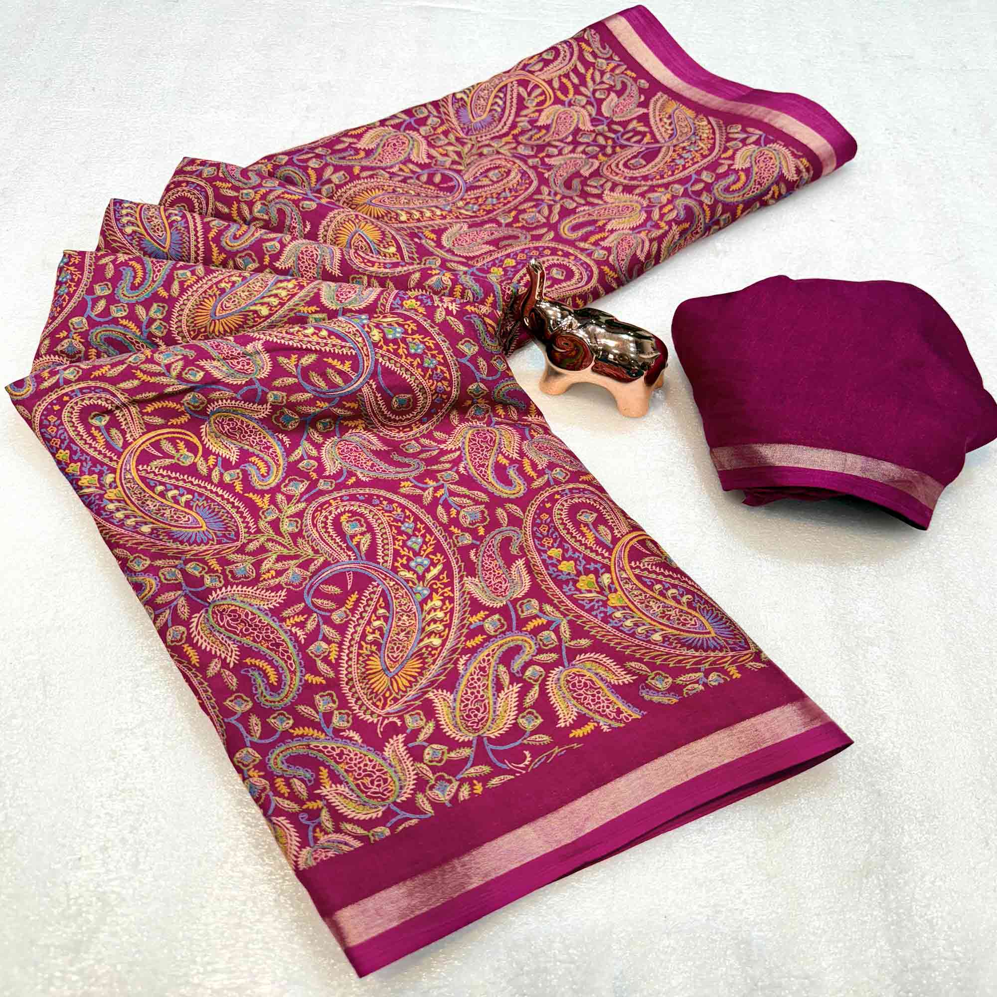 Classic Dark Magenta Tussar Silk Blend Saree Adorned With Elegant Paisley & Floral Kashmiri Prints