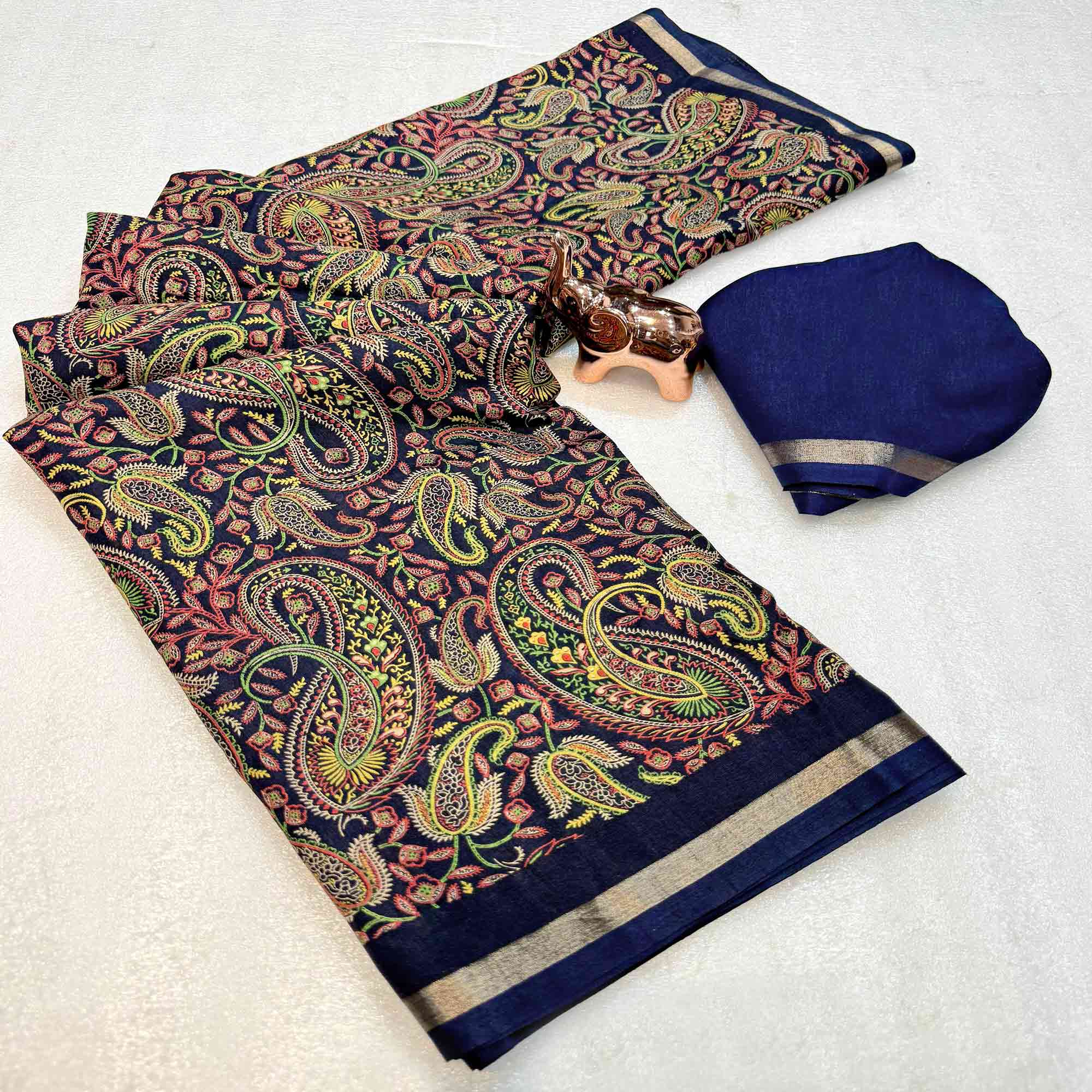 Classic Dark Navy Blue Tussar Silk Blend Saree Adorned With Elegant Paisley & Floral Kashmiri Print