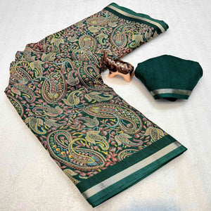 Classic Green Tussar Silk Blend Saree Adorned With Elegant Paisley & Floral Kashmiri Prints