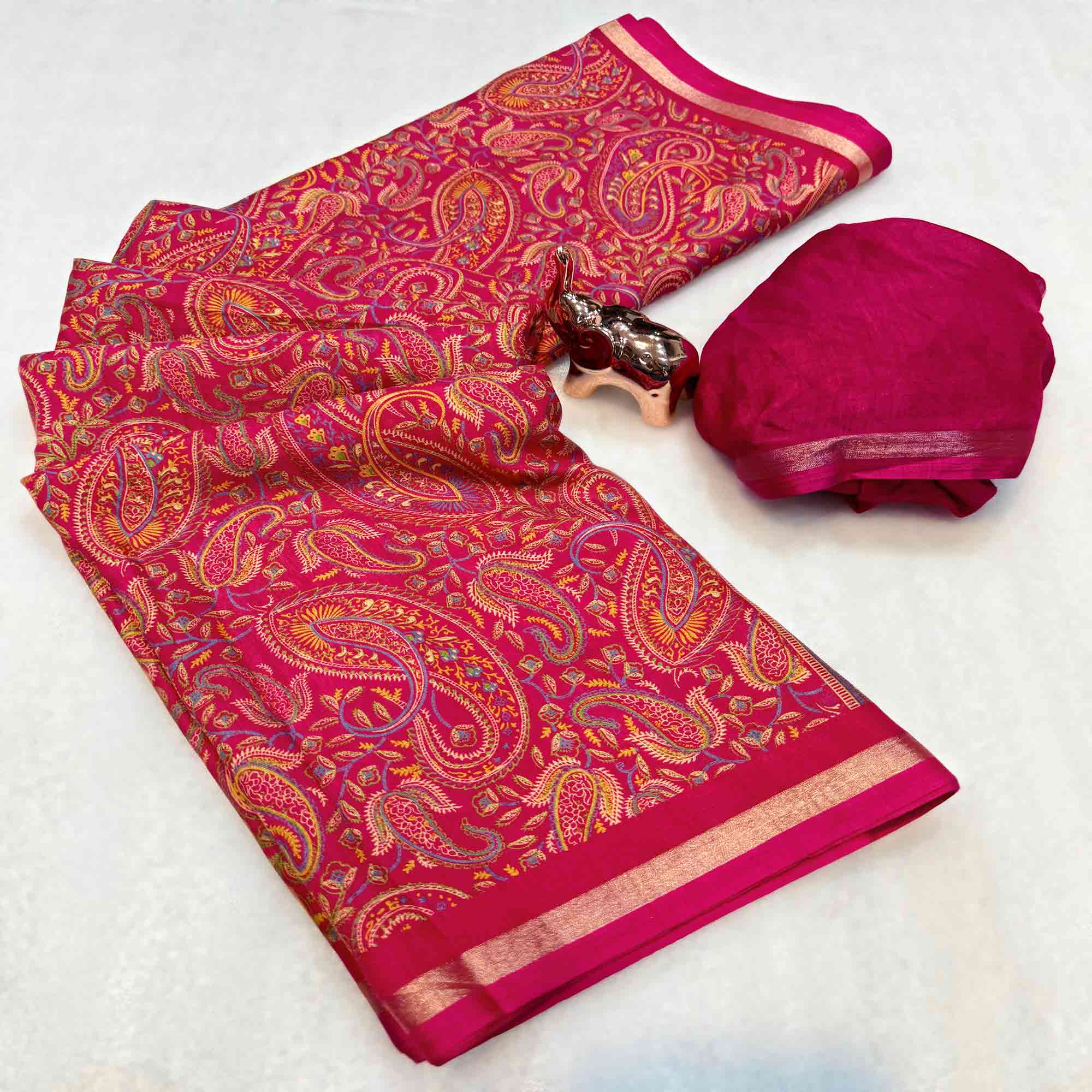 Classic Pink Tussar Silk Blend Saree Adorned With Elegant Paisley & Floral Kashmiri Prints