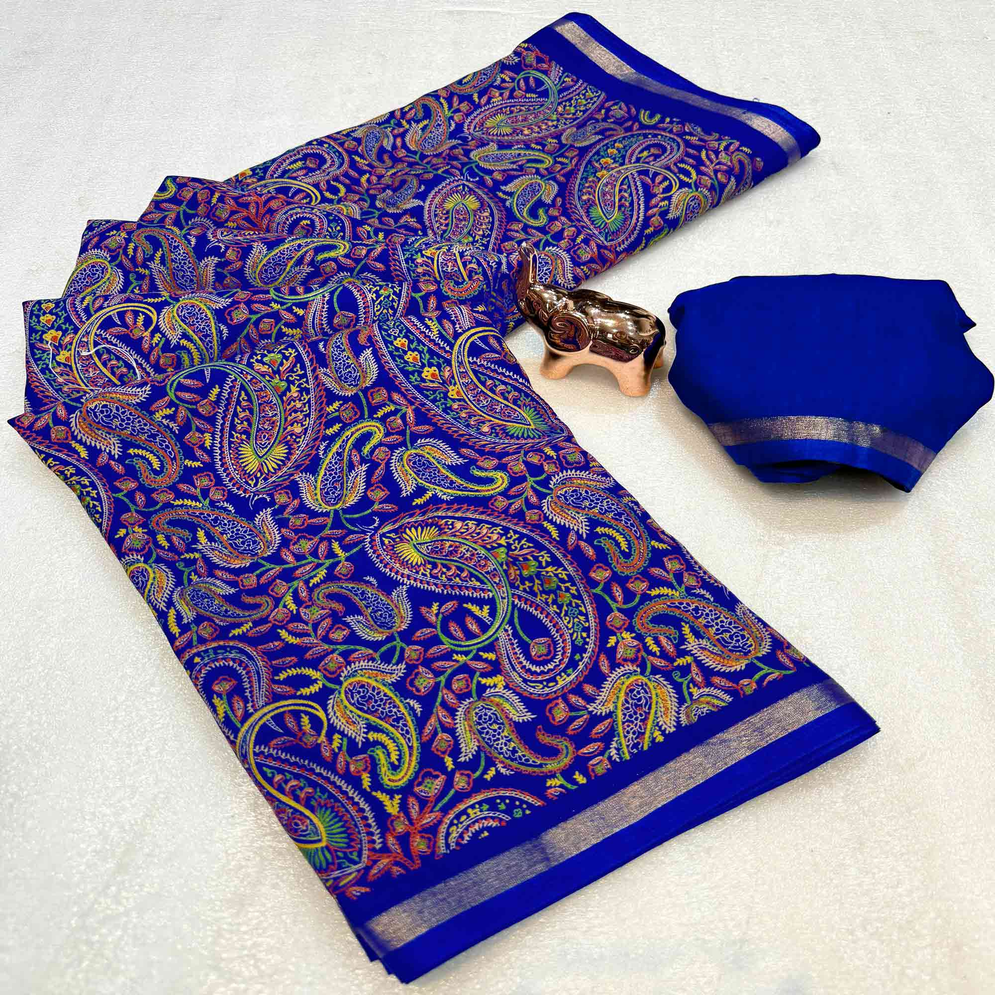 Classic Royal Blue Tussar Silk Blend Saree Adorned With Elegant Paisley & Floral Kashmiri Prints