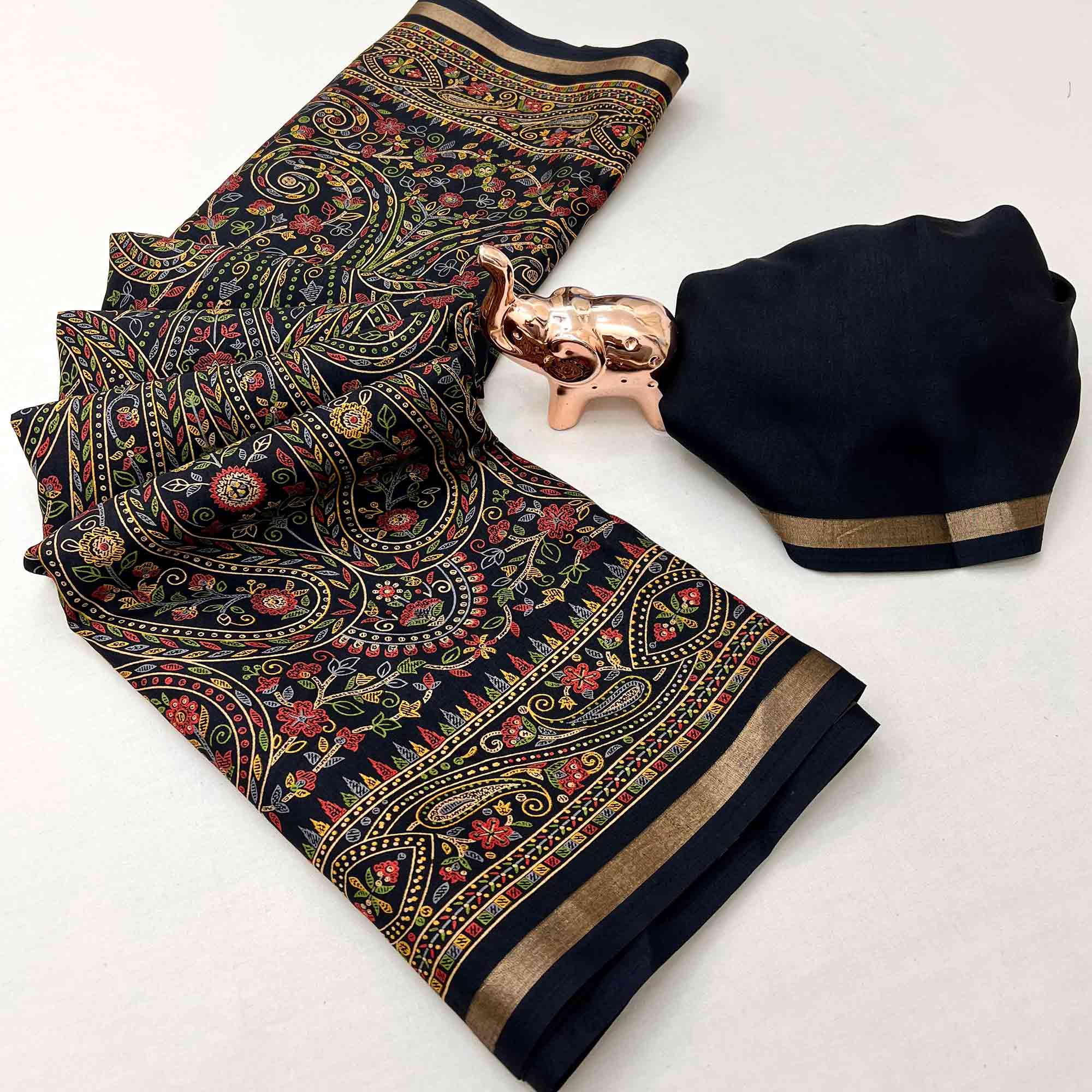 Black Floral Printed Dola Kashmiri Dola Silk Saree Highlighted With Rich Golden Zari Border