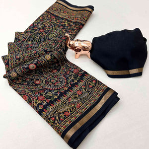 Black Floral Printed Dola Kashmiri Dola Silk Saree Highlighted With Rich Golden Zari Border