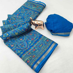 Blue Floral Printed Dola Kashmiri Dola Silk Saree Highlighted With Rich Golden Zari Border