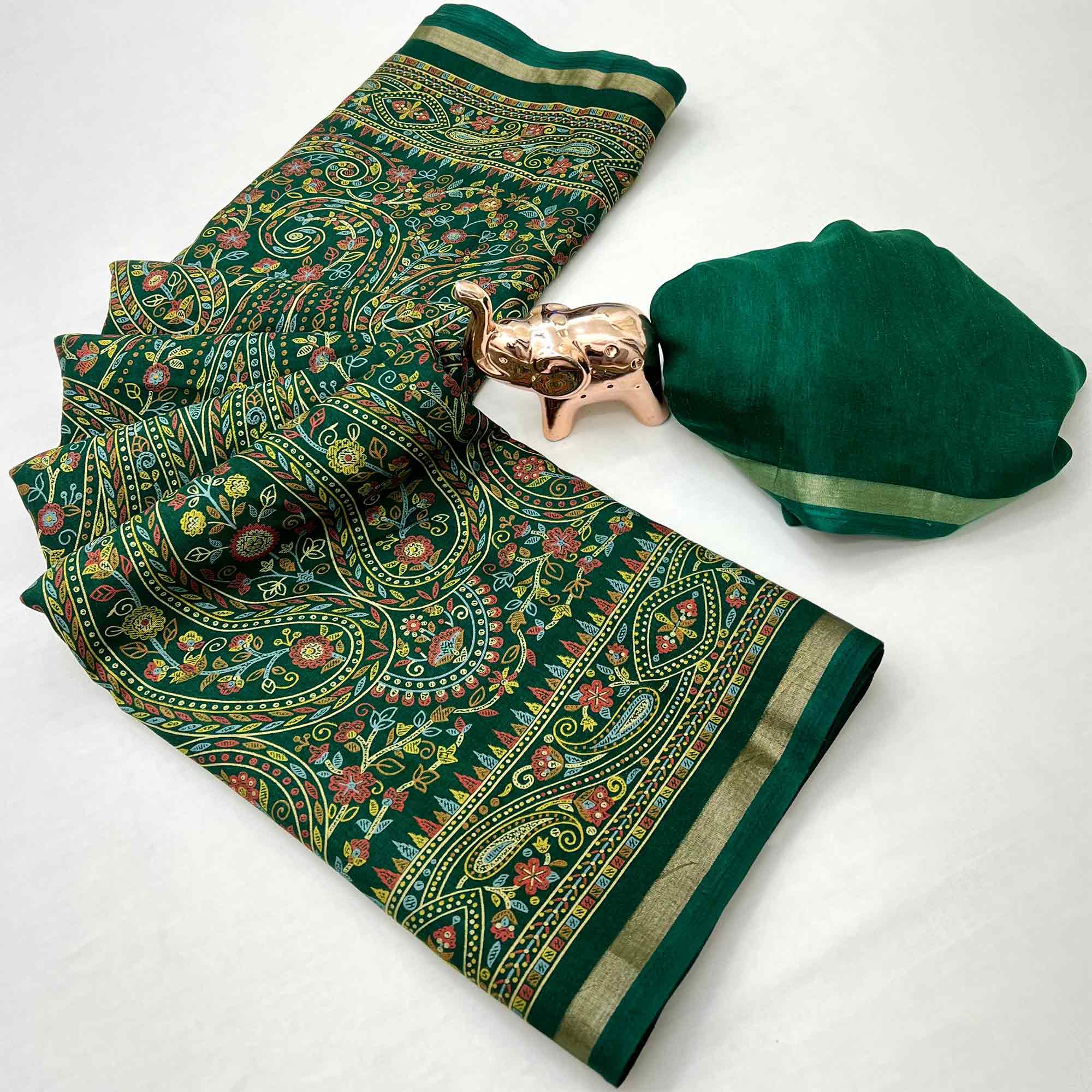 Green Floral Printed Dola Kashmiri Dola Silk Saree Highlighted With Rich Golden Zari Border