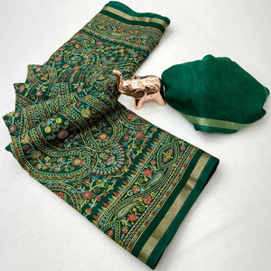 Green Floral Printed Dola Kashmiri Dola Silk Saree Highlighted With Rich Golden Zari Border